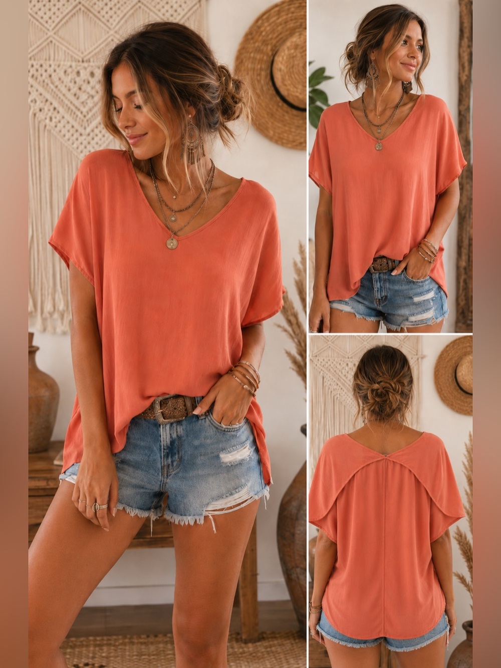Lush Coral V-Neck Dolman Sleeve Blouse